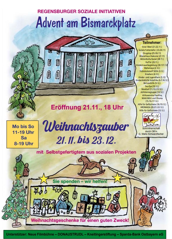 Weihnachtszauber am Bismarckplatz Regensburg vom 21.11-23.12.2024 der Sozialen Initiativen -weihnachtliches Plakat